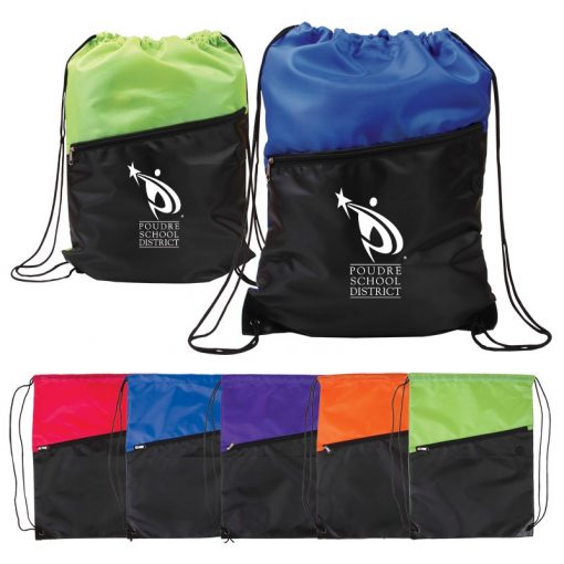 Two-Tone Poly Drawstring Backpack w/Zipper Front Pocket